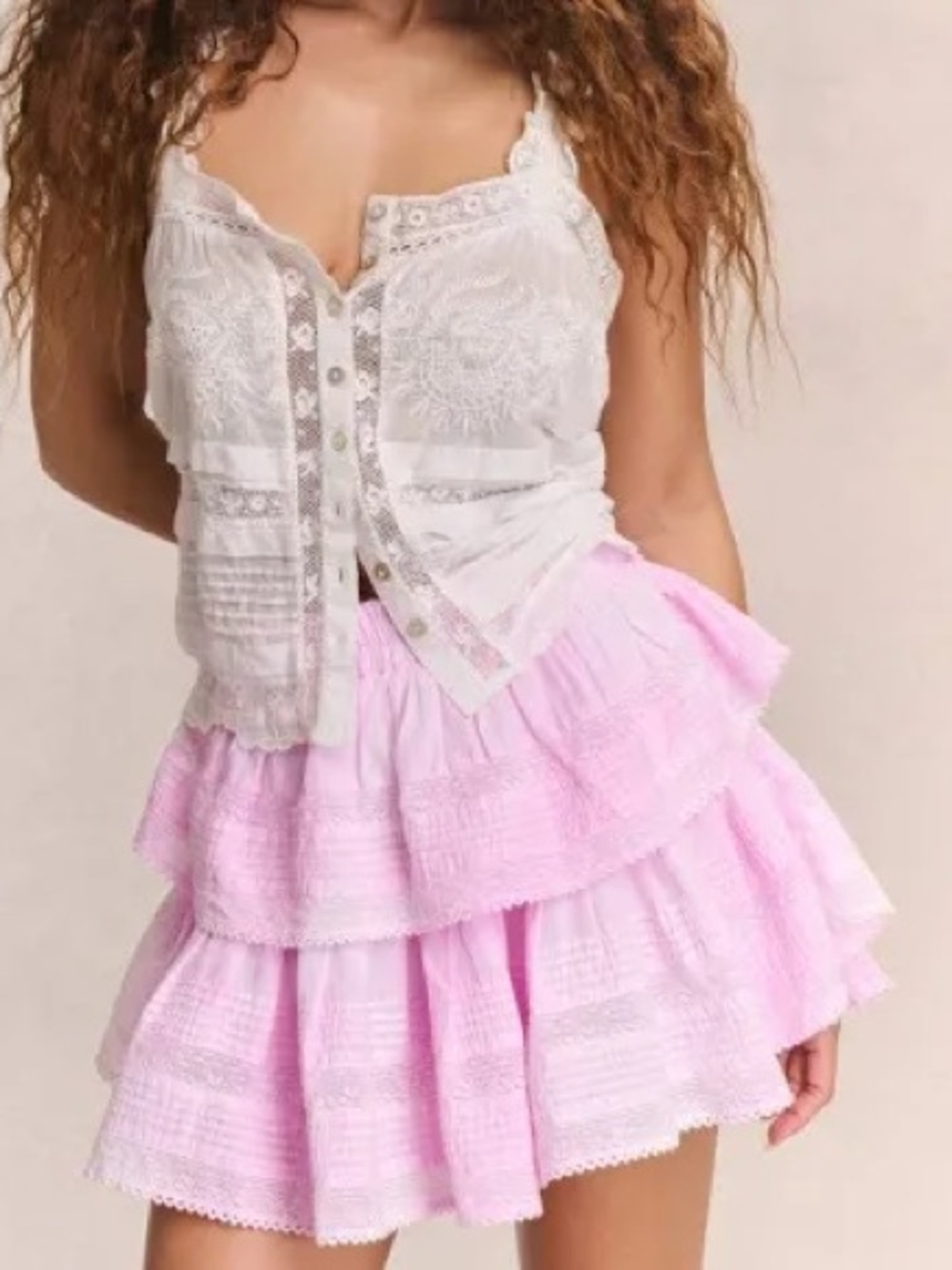 LoveShackFancy Pink Tiered Ruffle Mini Skirt